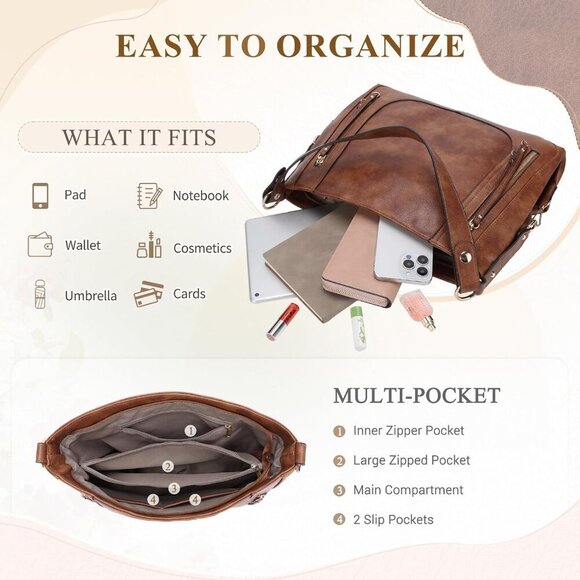 Hobo Bags for Women,Large Ladies Purses and Handbags Vegan Leather Shoulder Bags - Picture 3 of 7